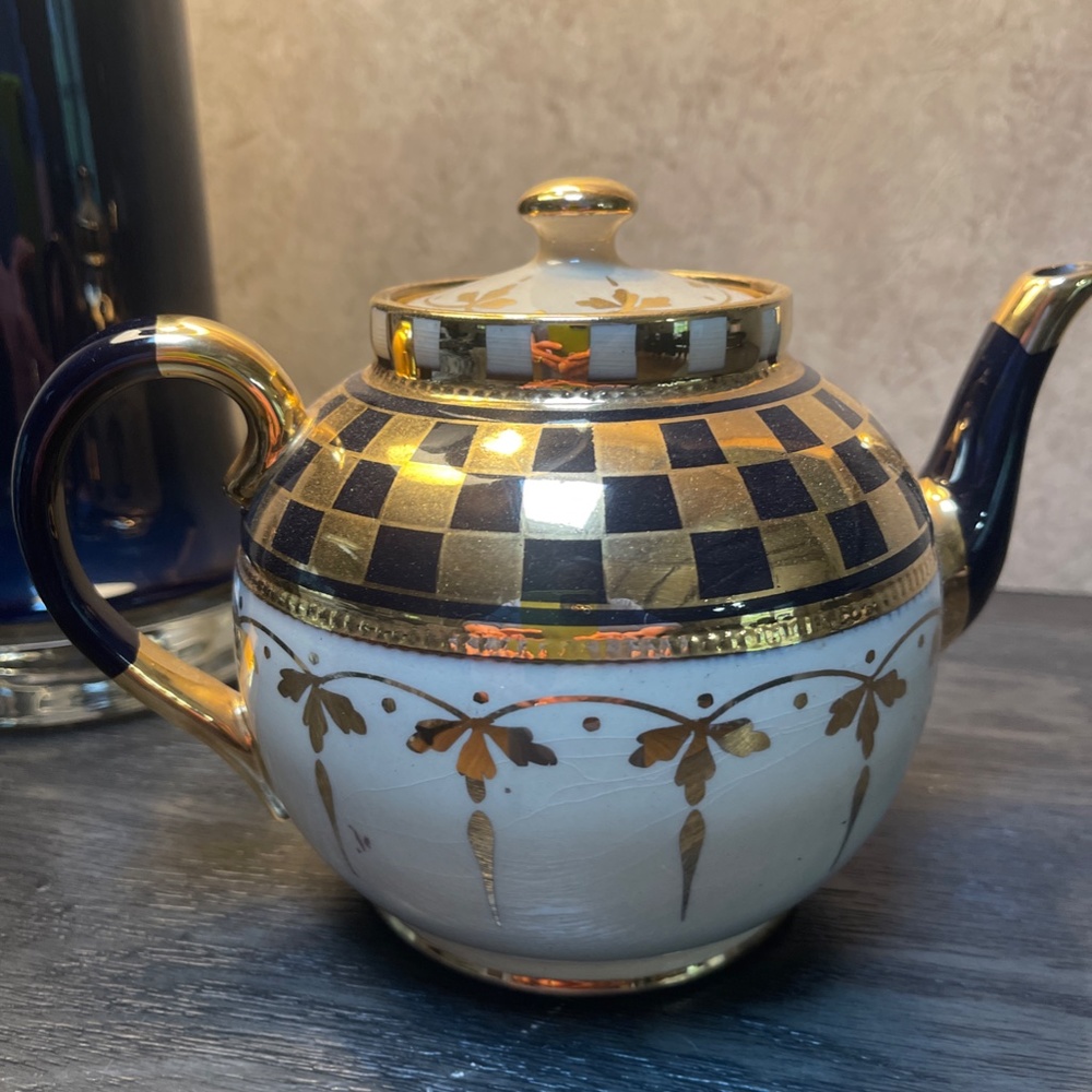 Vintage Gold Black Cream Geometric Sadler Teapot McKenzie-Childs style Art Deco
